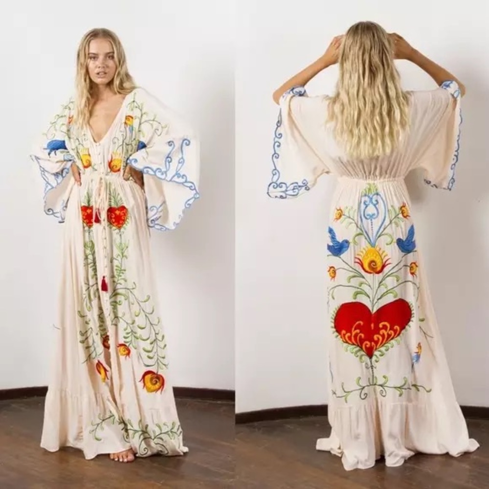 New White Boho Embroidered Hearts Magic Kimono Long Maxi Gown 5 Star⭐️ Favorite - Picture 8 of 16
